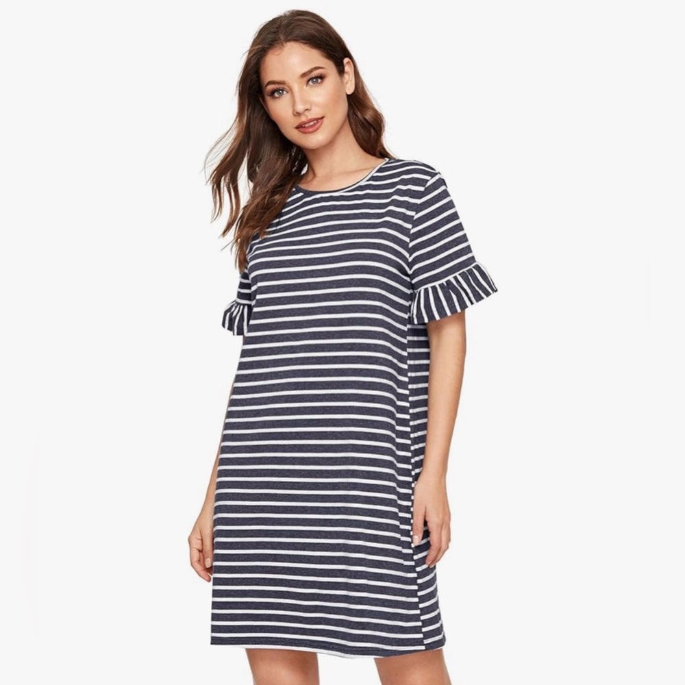 Navy and White Striped Ruffle Sleeve Dress